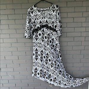 One of a Kind Handmade Cental Asian Bias-Cut Black and White Patterned Dress